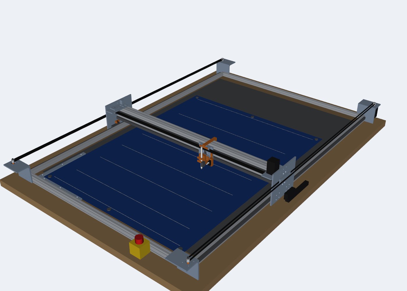 Rendered pen plotter on its table with the bed and corner stops